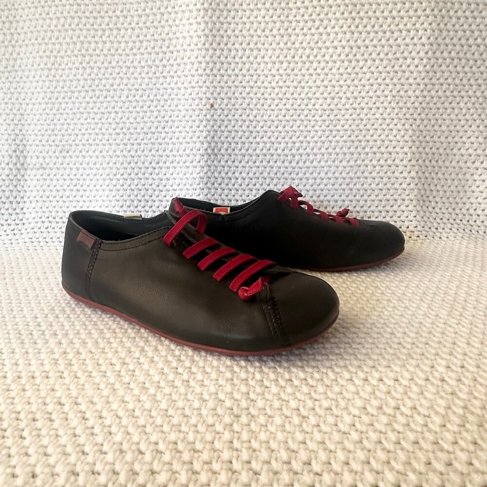 Camper Women Peu Black Leather Red Elastic Laces Slip On Casual Sneaker Shoes 38